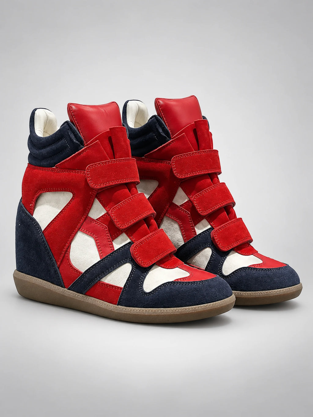Women's Hidden-Wedge Sneaker Boots – Leather Platform in Red/Navy — back view