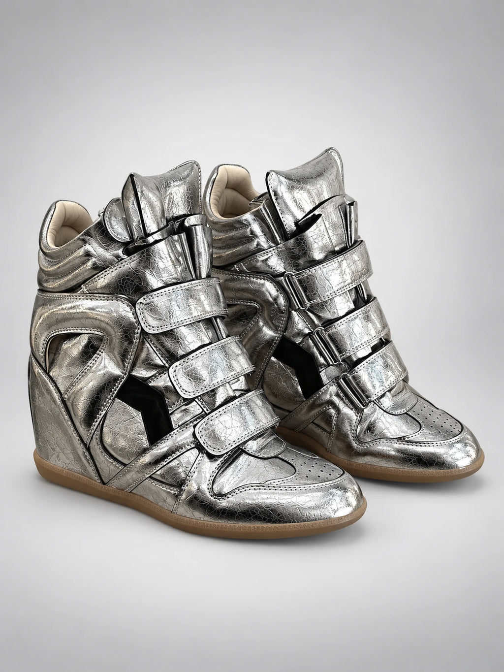 Women's Hidden-Wedge Sneaker Boots – Leather Platform in Silver/Black — back view