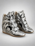 Women's Hidden-Wedge Sneaker Boots – Leather Platform in Silver/Black — back view