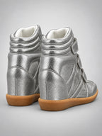 Women's Hidden-Wedge Sneaker Boots – Leather Platform in Silver — back view