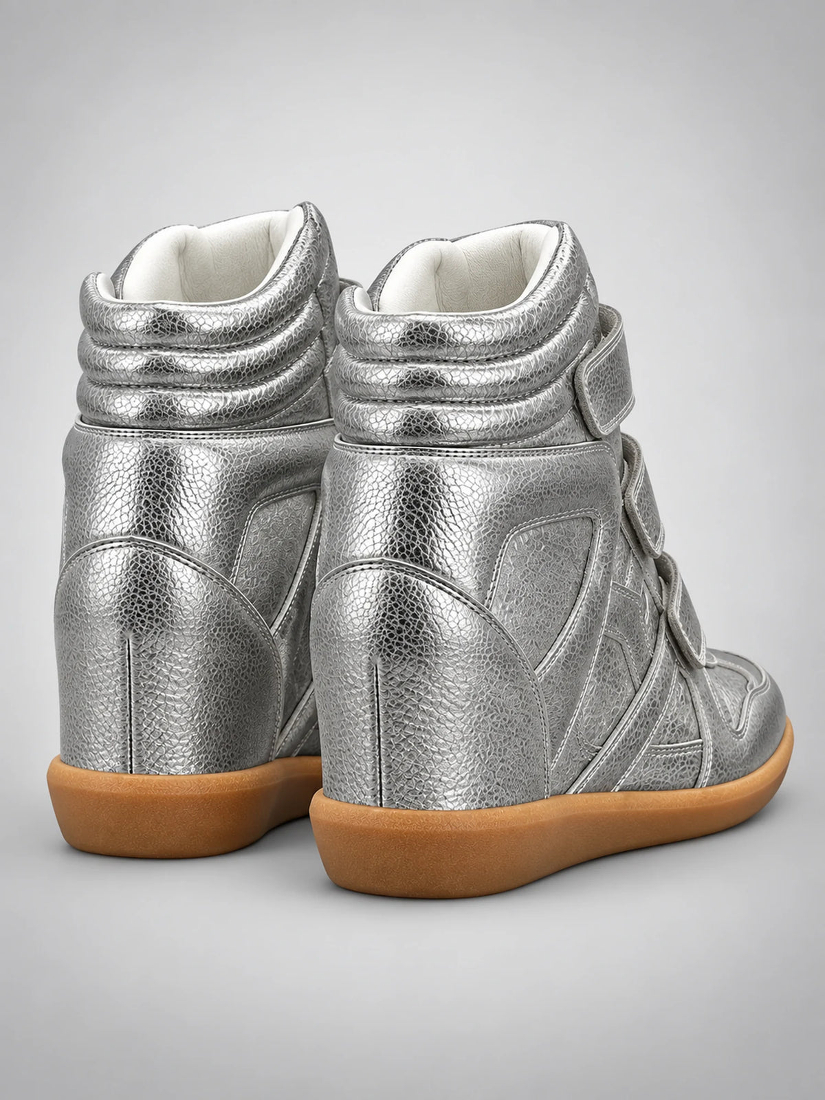 Women's Hidden-Wedge Sneaker Boots – Leather Platform in Silver — back view