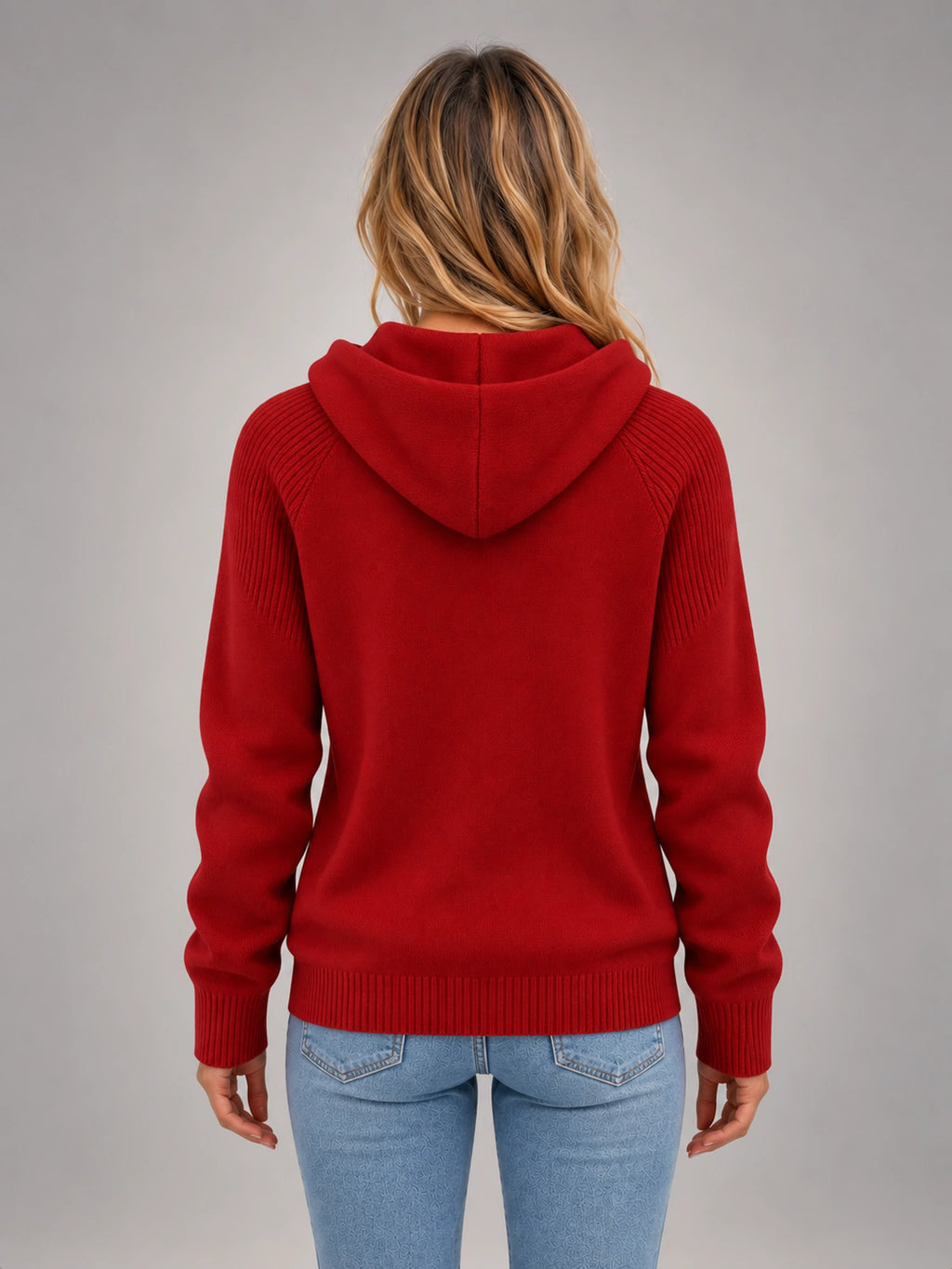 Women's Hooded Button Knit Jumper – Slim Long Sleeve in Red — back view
