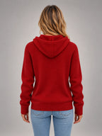 Women's Hooded Button Knit Jumper – Slim Long Sleeve in Red — back view