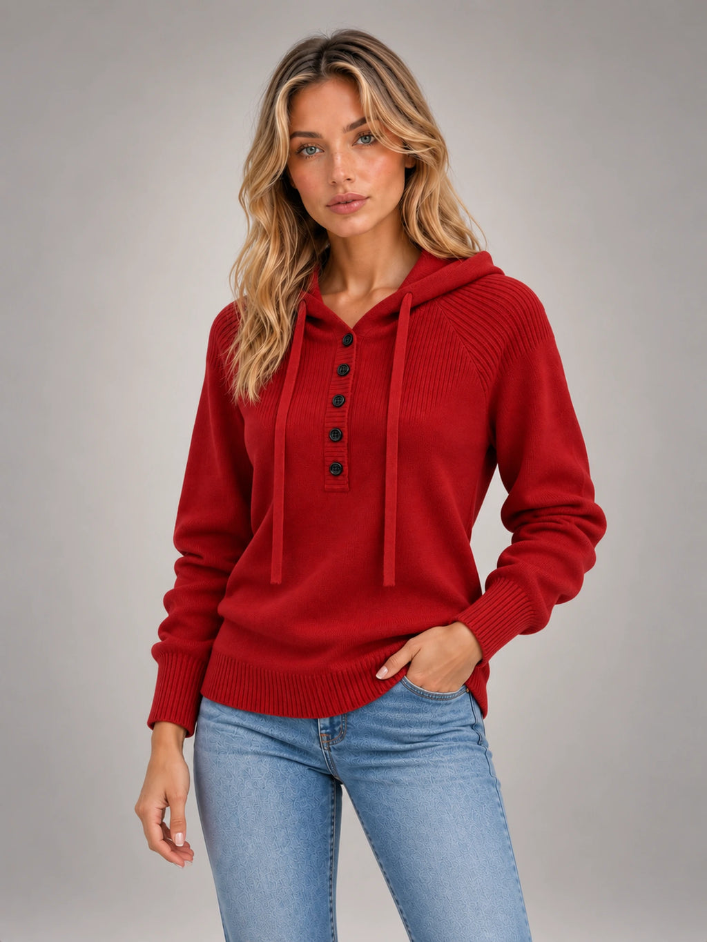 Women's Hooded Button Knit Jumper – Slim Long Sleeve in Red — alternate view