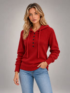 Women's Hooded Button Knit Jumper – Slim Long Sleeve in Red — alternate view