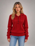 Women's Hooded Button Knit Jumper – Slim Long Sleeve in Red — front view