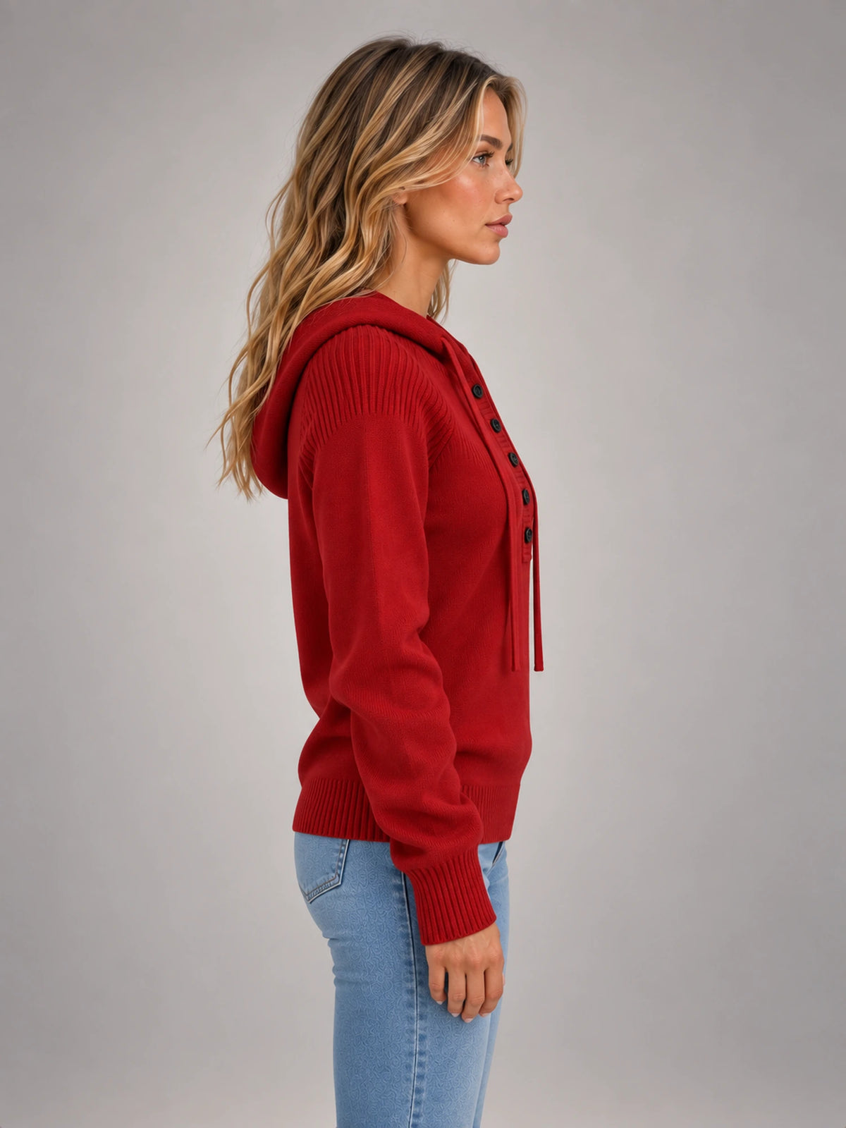 Women's Hooded Button Knit Jumper – Slim Long Sleeve in Red — side view