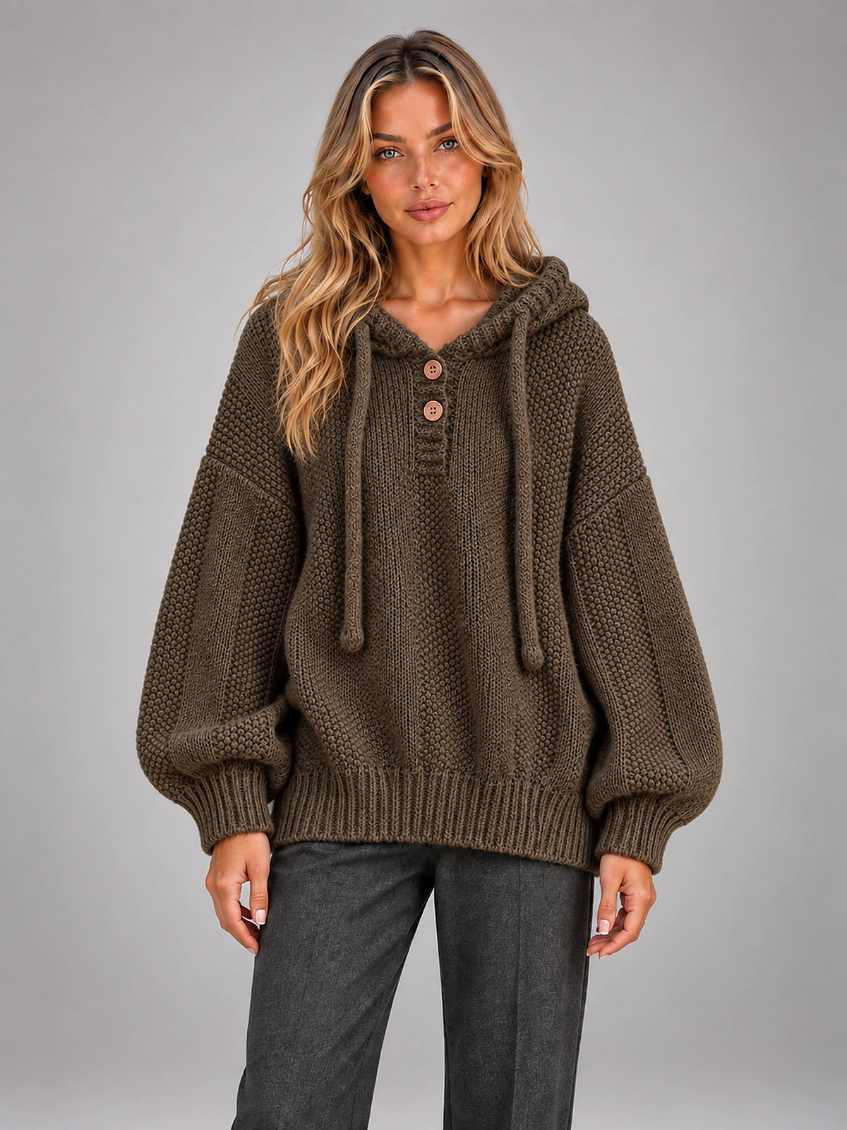 Women's Hooded Knitted Jumper – Oversized Pullover in Coffee — front view