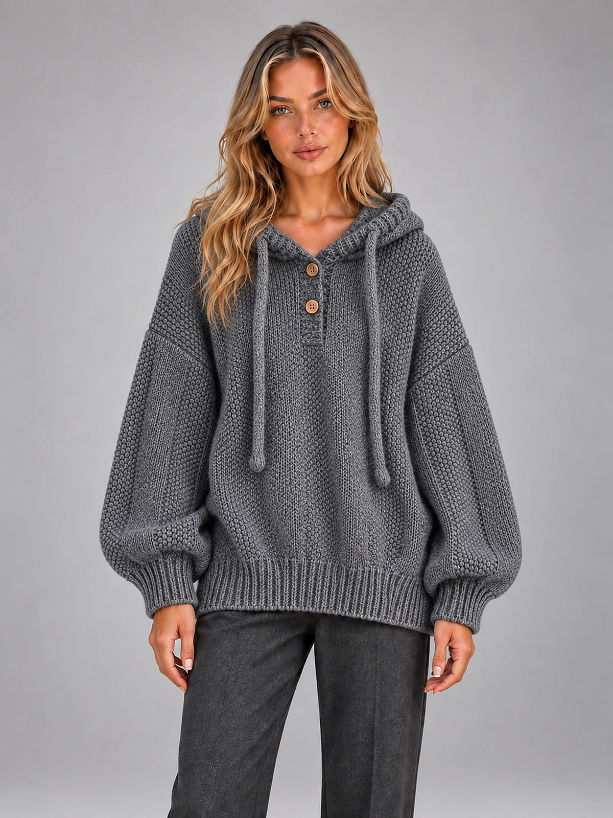 Women's Hooded Knitted Jumper – Oversized Pullover in Grey — front view