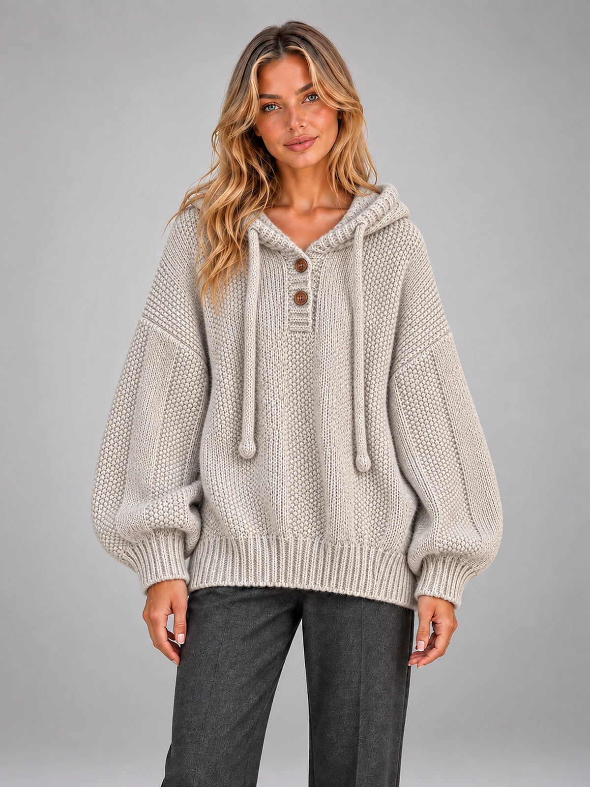 Women's Hooded Knitted Jumper – Oversized Pullover in Khaki — front view