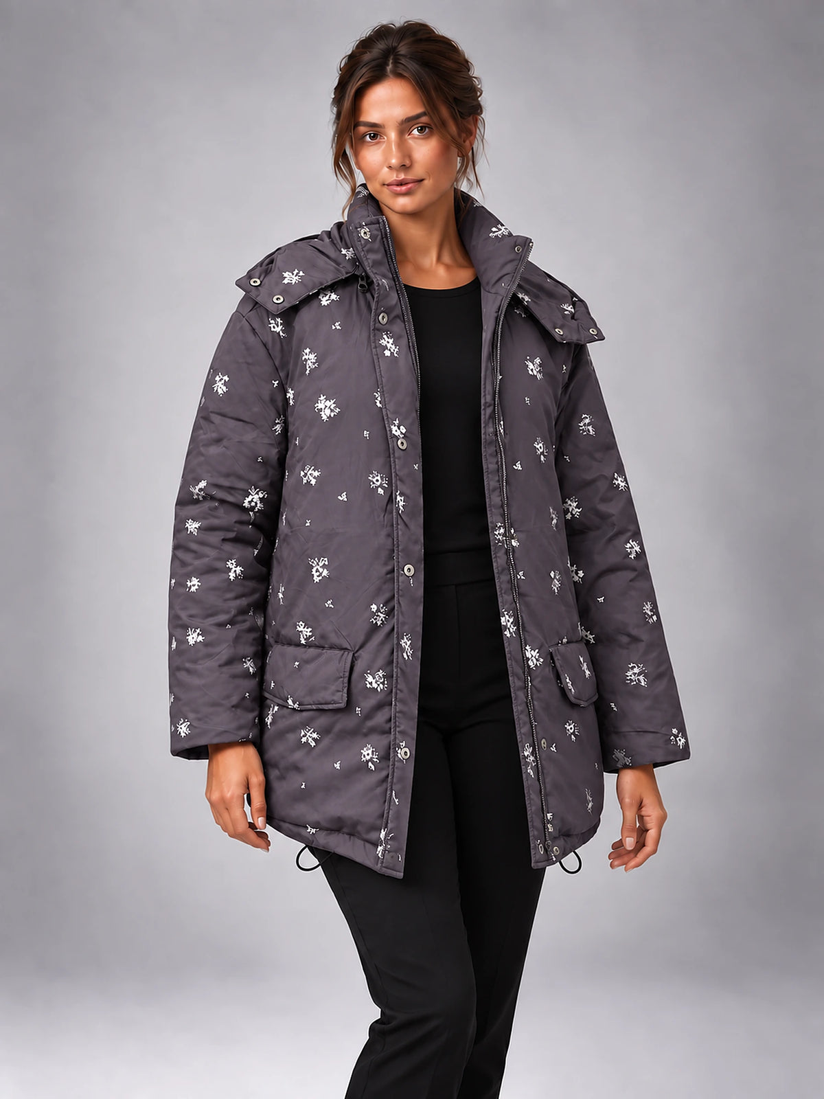 Women's Floral Print Padded Parka – Longline Flap Pocket in Charcoal Floral — alternate view