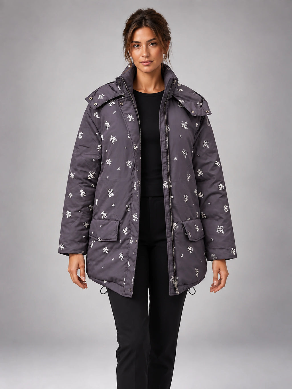 Women's Floral Print Padded Parka – Longline Flap Pocket in Charcoal Floral — front view