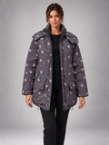 Women's Floral Print Padded Parka – Longline Flap Pocket in Charcoal Floral — front view