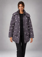 Women's Floral Print Padded Parka – Longline Flap Pocket in Charcoal Floral — front view