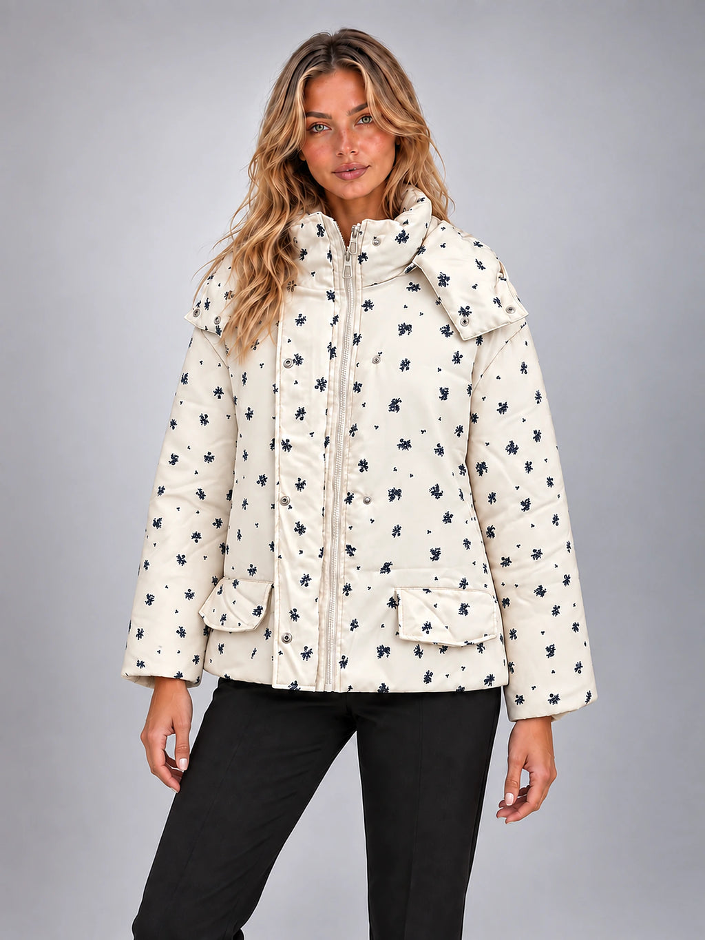 Women's Floral Print Padded Parka – Longline Flap Pocket in Cream Floral — alternate view