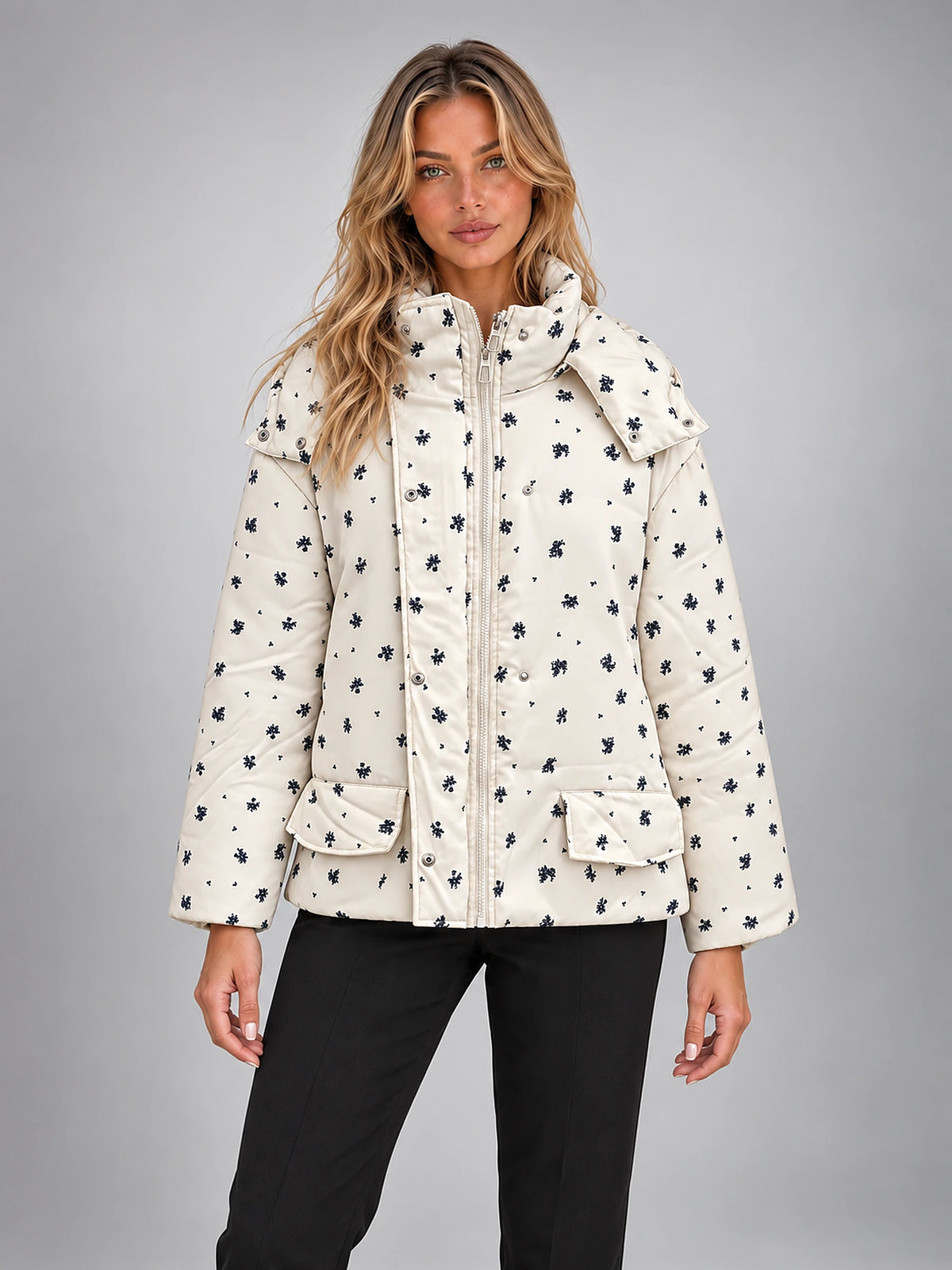 Women's Floral Print Padded Parka – Longline Flap Pocket in Cream Floral — front view
