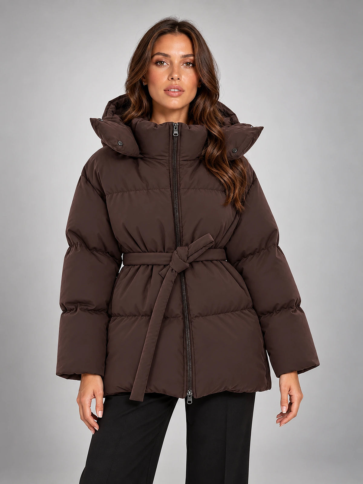 Women's Hooded Padded Jacket – Oversized Belted in Brown — front view