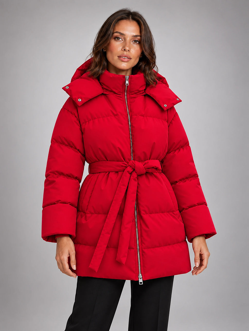Women's Hooded Padded Jacket – Oversized Belted in Red — alternate view