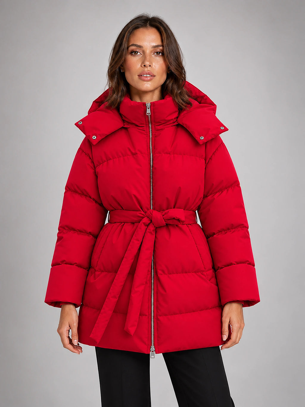 Women's Hooded Padded Jacket – Oversized Belted in Red — front view