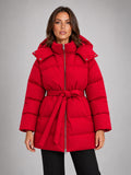 Women's Hooded Padded Jacket – Oversized Belted in Red — front view