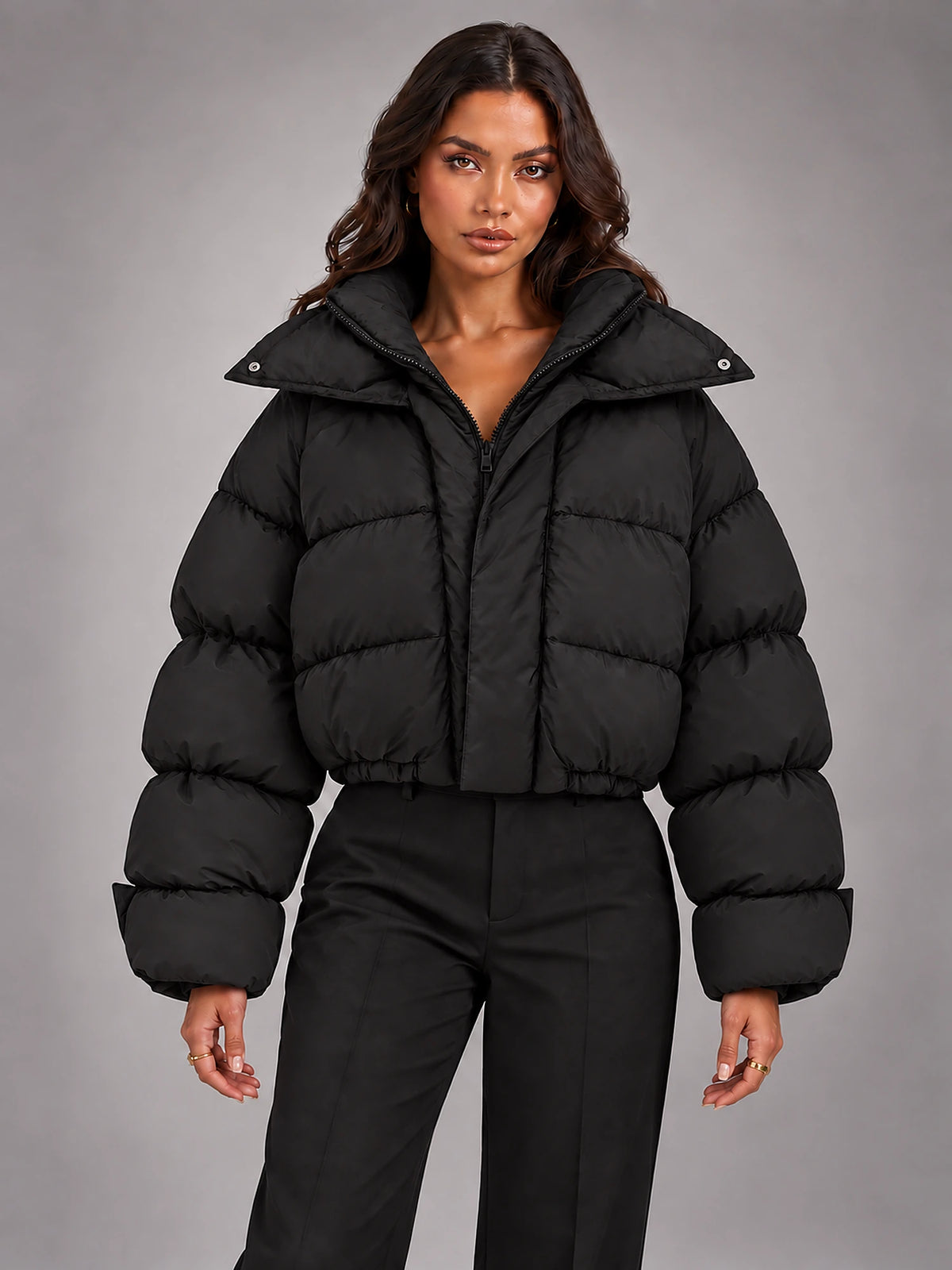 Women's Hooded Puffer Coat – Oversized Drawstring Padded in Black — alternate view