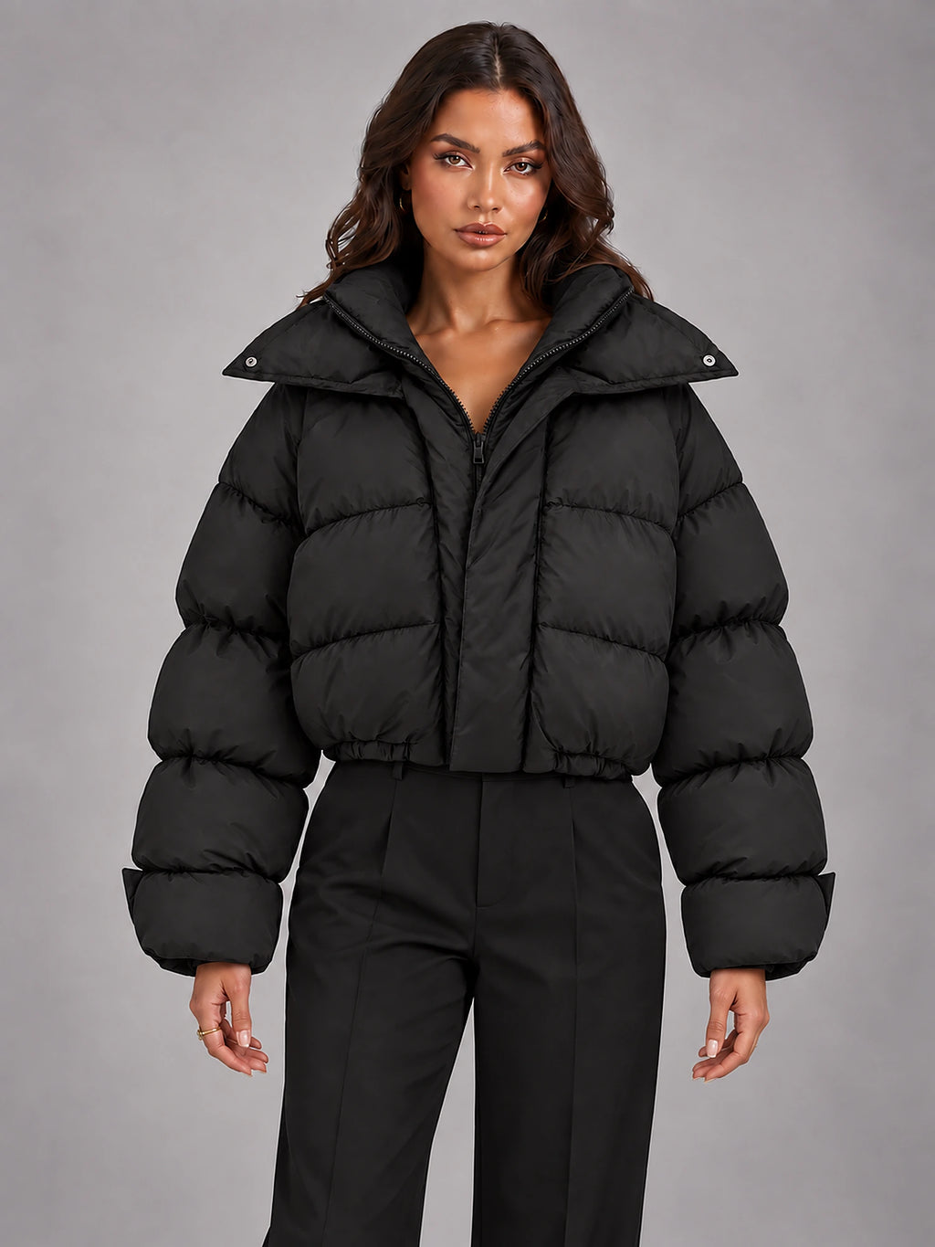Women's Hooded Puffer Coat – Oversized Drawstring Padded in Black — front view