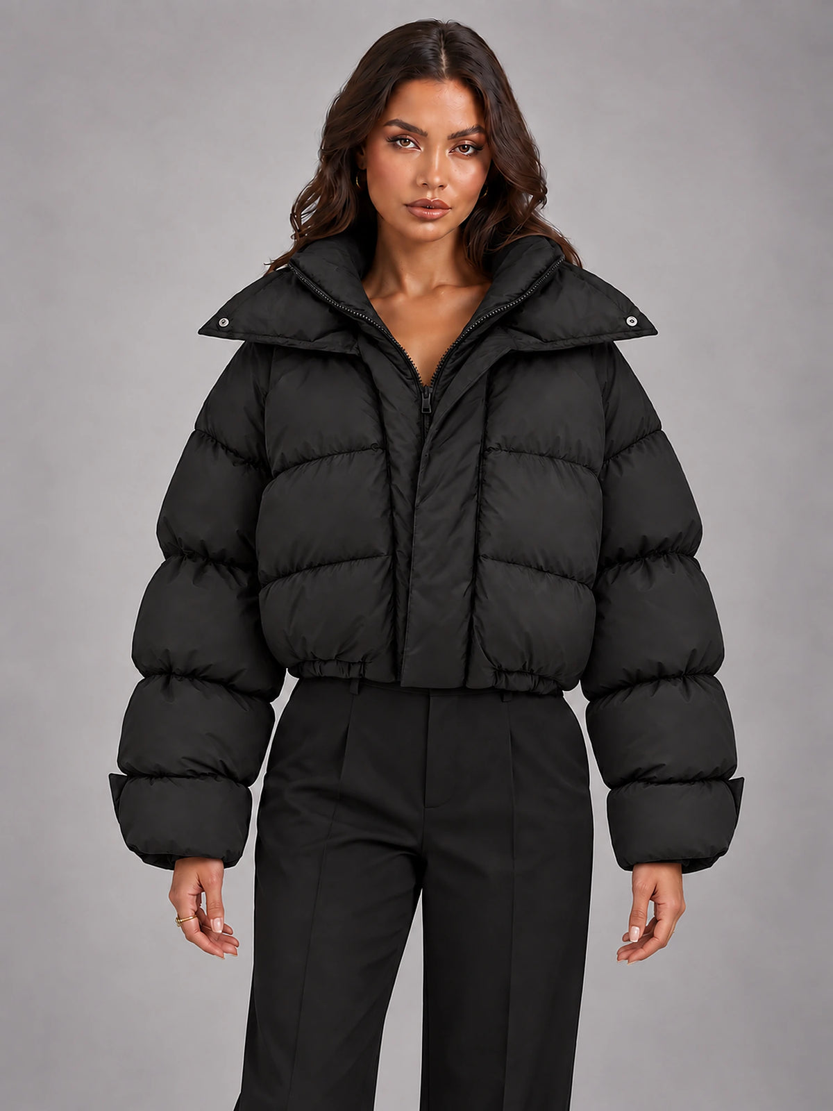 Women's Hooded Puffer Coat – Oversized Drawstring Padded in Black — front view