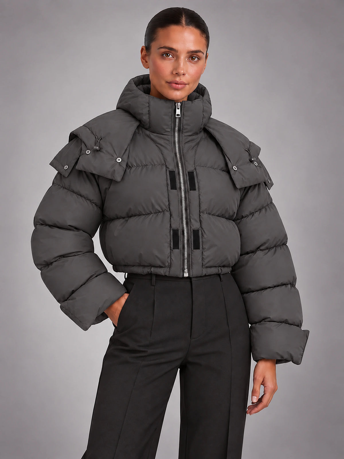 Women's Hooded Puffer Coat – Oversized Drawstring Padded in Grey — alternate view