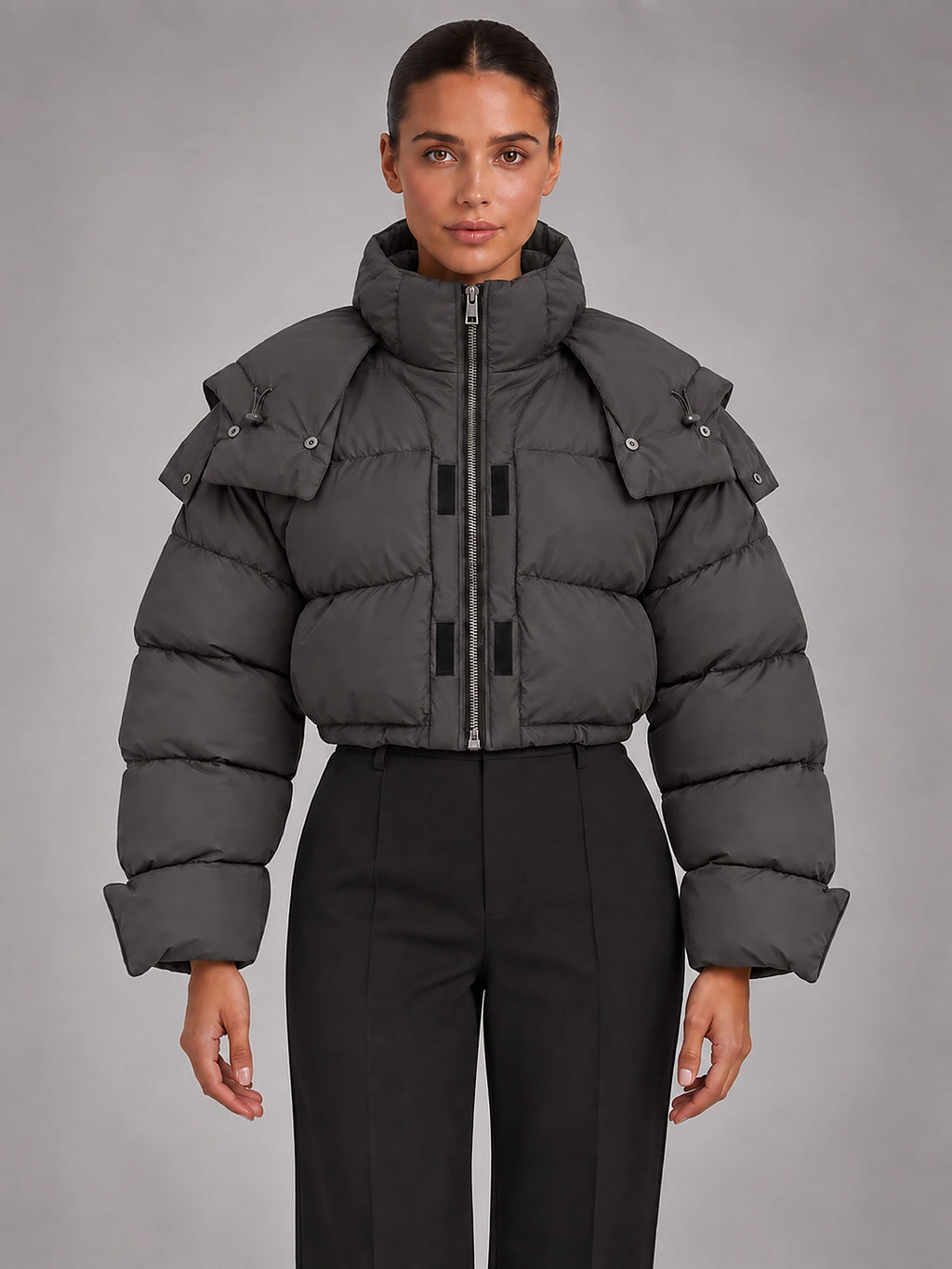 Women's Hooded Puffer Coat – Oversized Drawstring Padded in Grey — front view