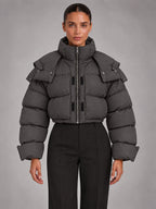 Women's Hooded Puffer Coat – Oversized Drawstring Padded in Grey — front view