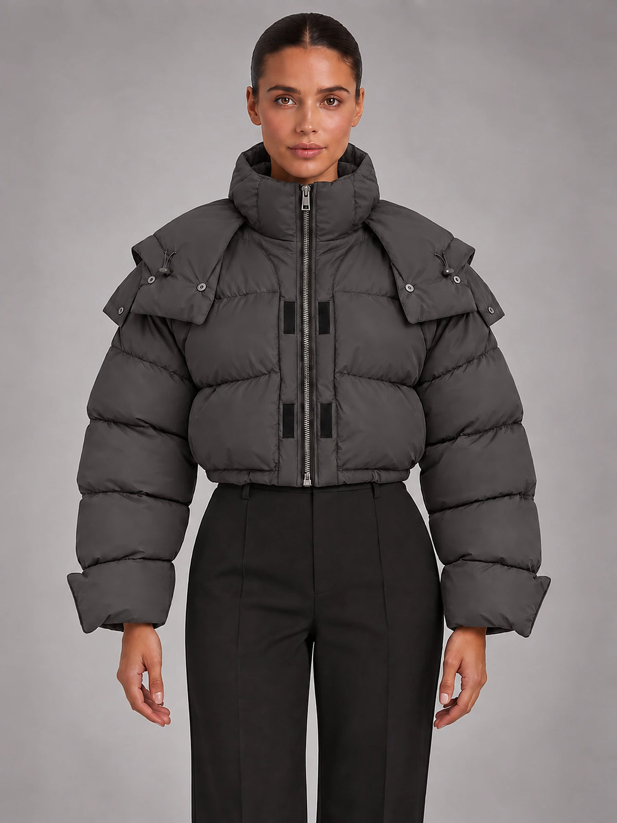 Women's Hooded Puffer Coat – Oversized Drawstring Padded in Grey — front view