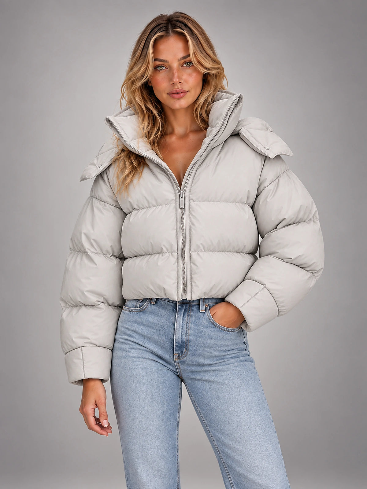 Women's Hooded Puffer Coat – Oversized Drawstring Padded in Light Oatmeal — alternate view