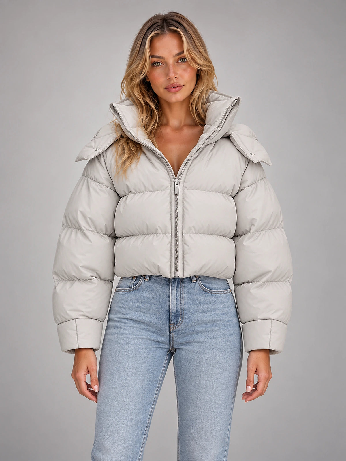 Women's Hooded Puffer Coat – Oversized Drawstring Padded in Light Oatmeal — front view
