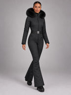 Women's Hooded Ski Jumpsuit – Stand Collar High Waist in Black — alternate view