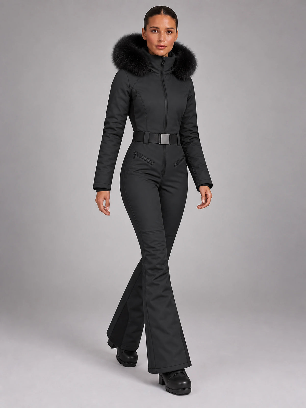 Women's Hooded Ski Jumpsuit – Stand Collar High Waist in Black — alternate view