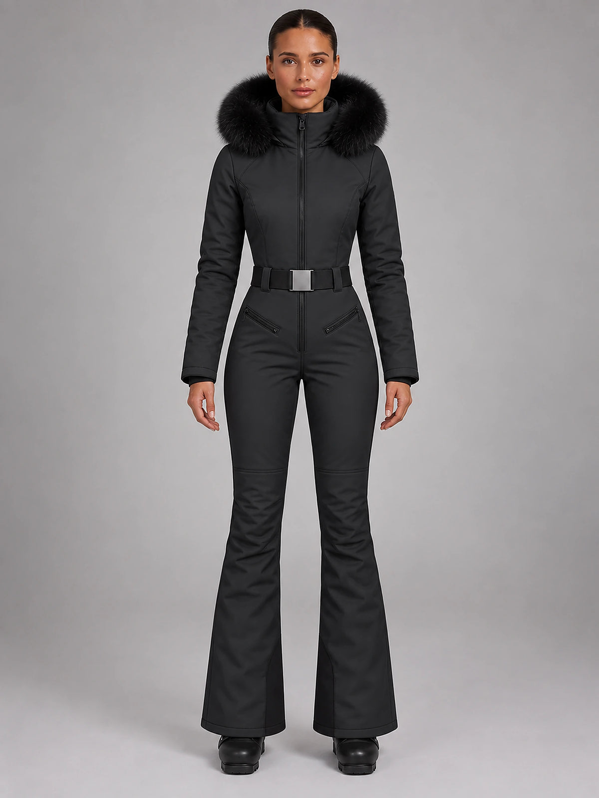 Women's Hooded Ski Jumpsuit – Stand Collar High Waist in Black — front view