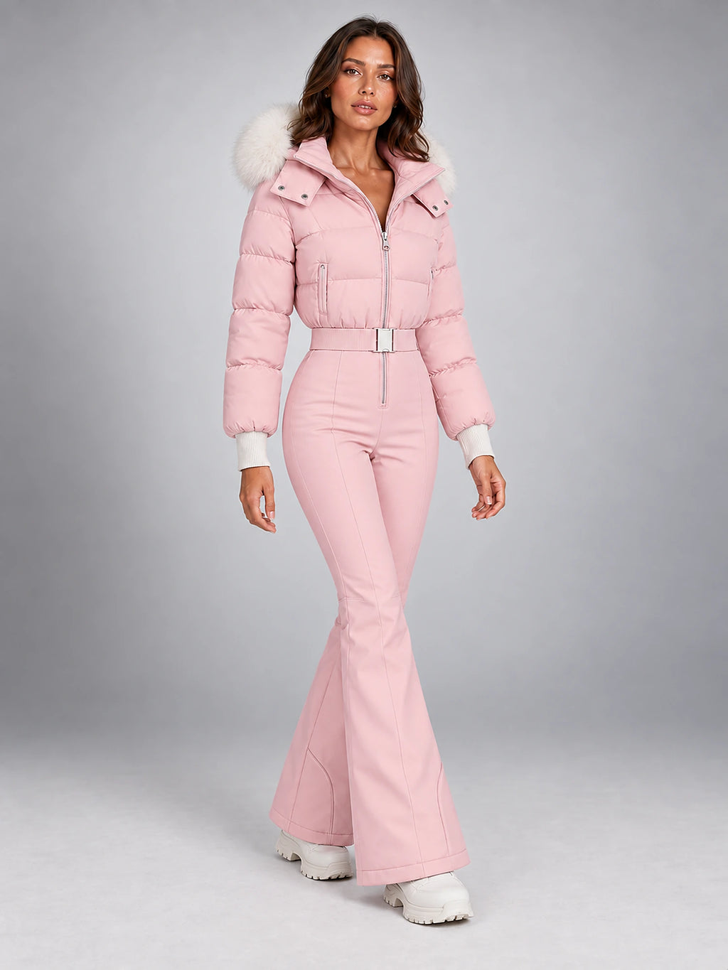Women's Hooded Ski Jumpsuit – Stand Collar High Waist in Pink — alternate view