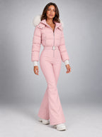 Women's Hooded Ski Jumpsuit – Stand Collar High Waist in Pink — alternate view