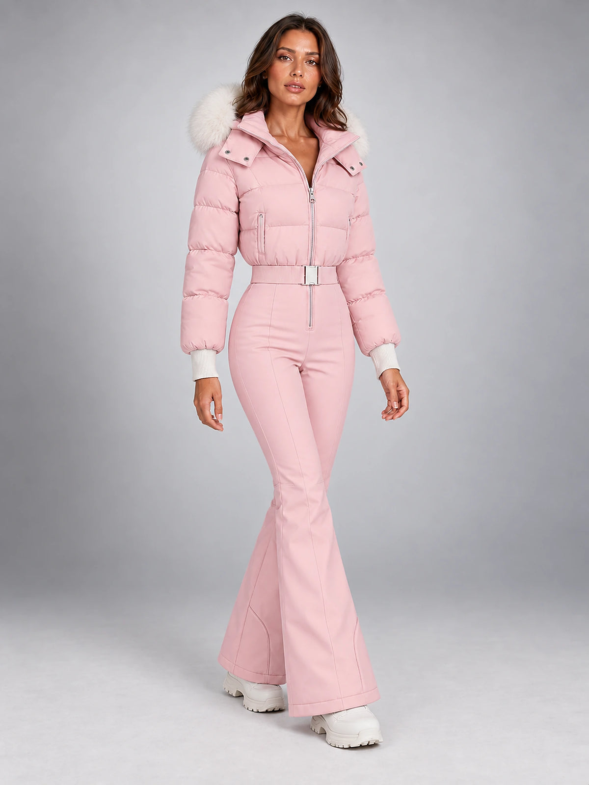 Women's Hooded Ski Jumpsuit – Stand Collar High Waist in Pink — alternate view