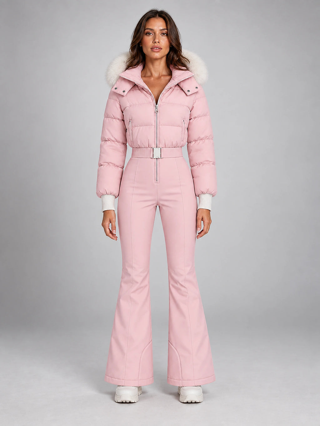 Women's Hooded Ski Jumpsuit – Stand Collar High Waist in Pink — front view