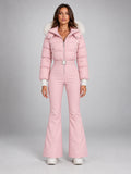 Women's Hooded Ski Jumpsuit – Stand Collar High Waist in Pink — front view