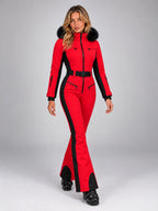 Women's Hooded Ski Jumpsuit – Stand Collar High Waist in Red/Black — alternate view