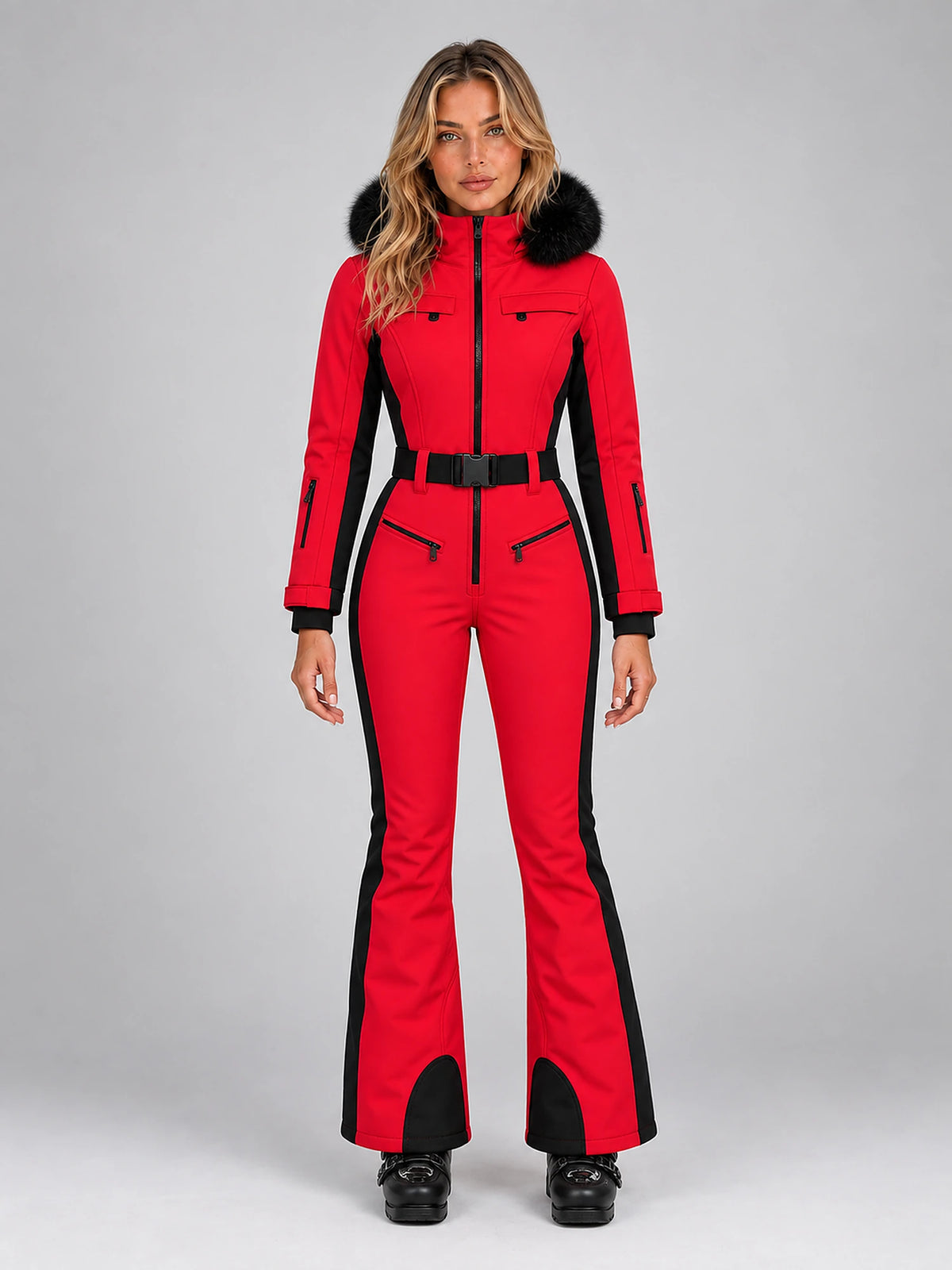 Women's Hooded Ski Jumpsuit – Stand Collar High Waist in Red/Black — front view
