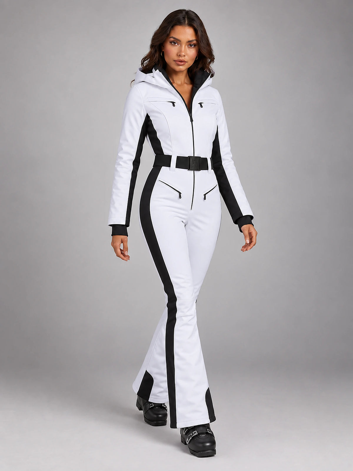 Women's Hooded Ski Jumpsuit – Stand Collar High Waist in White/Black — alternate view