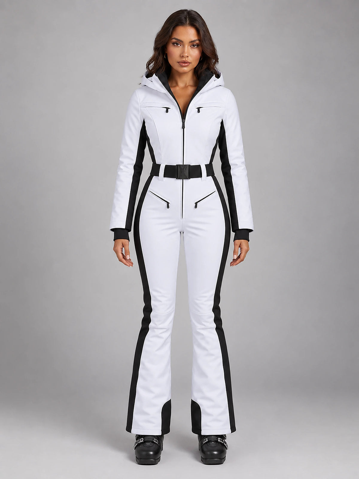 Women's Hooded Ski Jumpsuit – Stand Collar High Waist in White/Black — front view