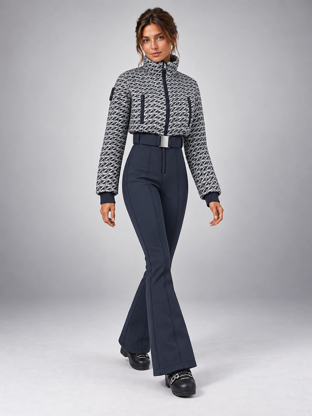 Women's Hooded Ski Jumpsuit – Stand Collar High Waist in Grey Pattern/Navy — alternate view