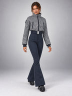Women's Hooded Ski Jumpsuit – Stand Collar High Waist in Grey Pattern/Navy — alternate view