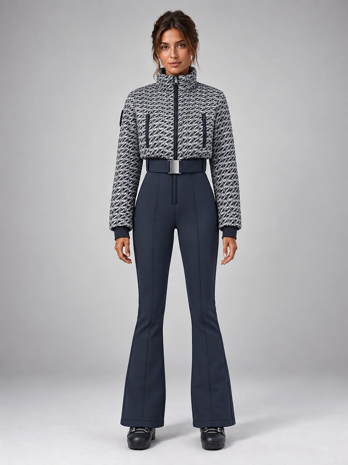 Women's Hooded Ski Jumpsuit – Stand Collar High Waist in Grey Pattern/Navy — front view