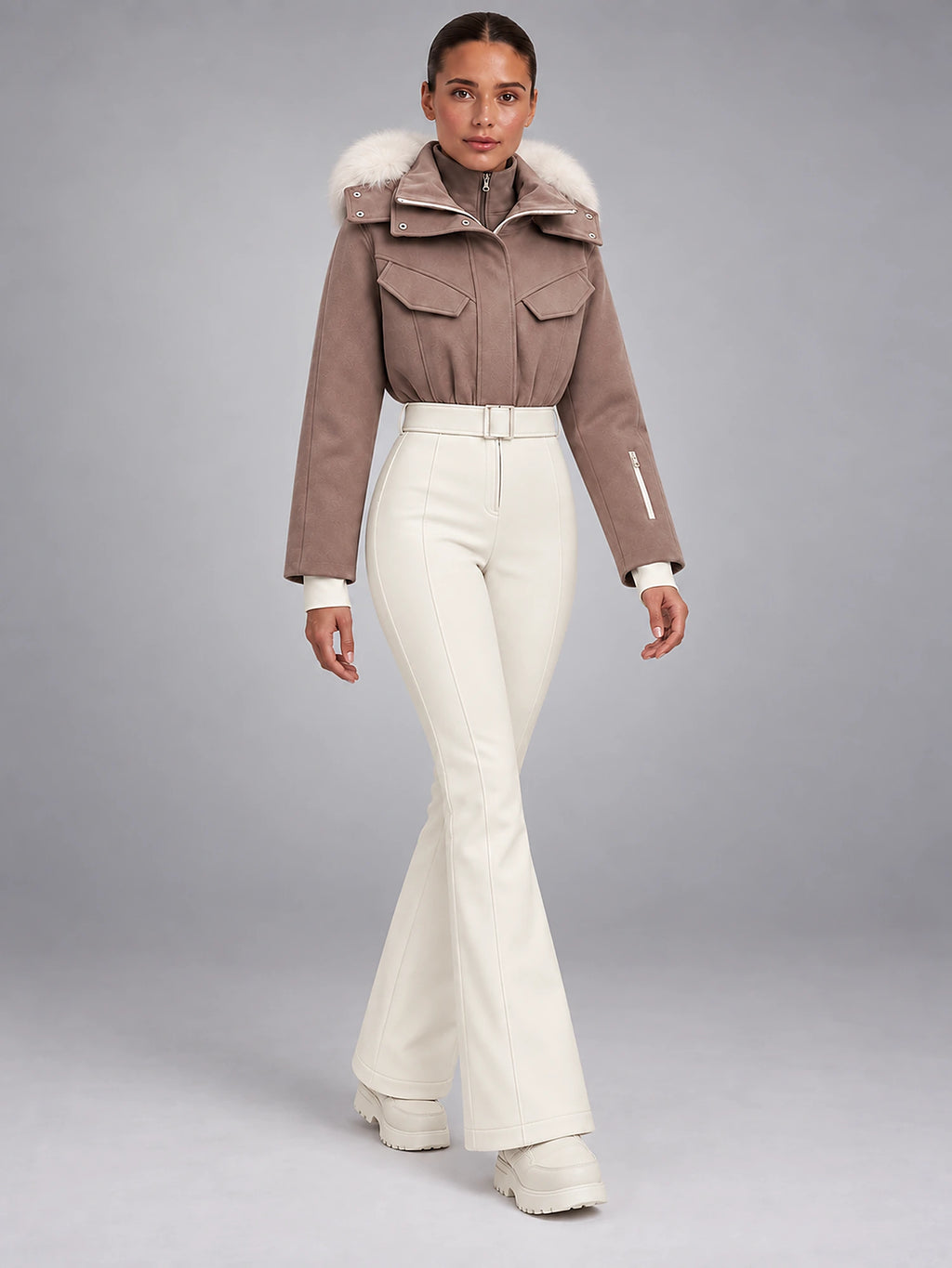 Women's Hooded Ski Jumpsuit – Stand Collar High Waist in Taupe/Cream — alternate view