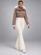 Women's Hooded Ski Jumpsuit – Stand Collar High Waist in Taupe/Cream — alternate view